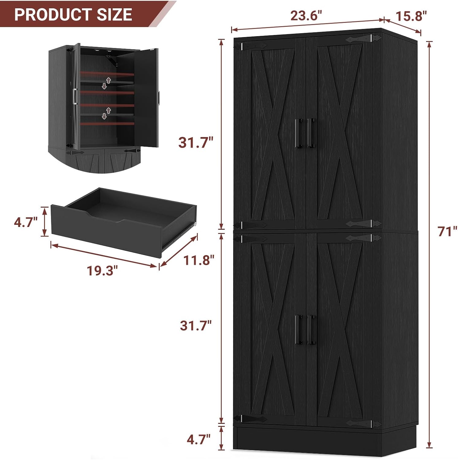 Unikito Black 71' Tall Kitchen Pantry Cabinet, Hidden Drawer and Farmhouse Barn Doors, 4 Adjustable Shelves, Freestanding Cupboard for Kitchen, Dining Room, Living Room, Utility Room