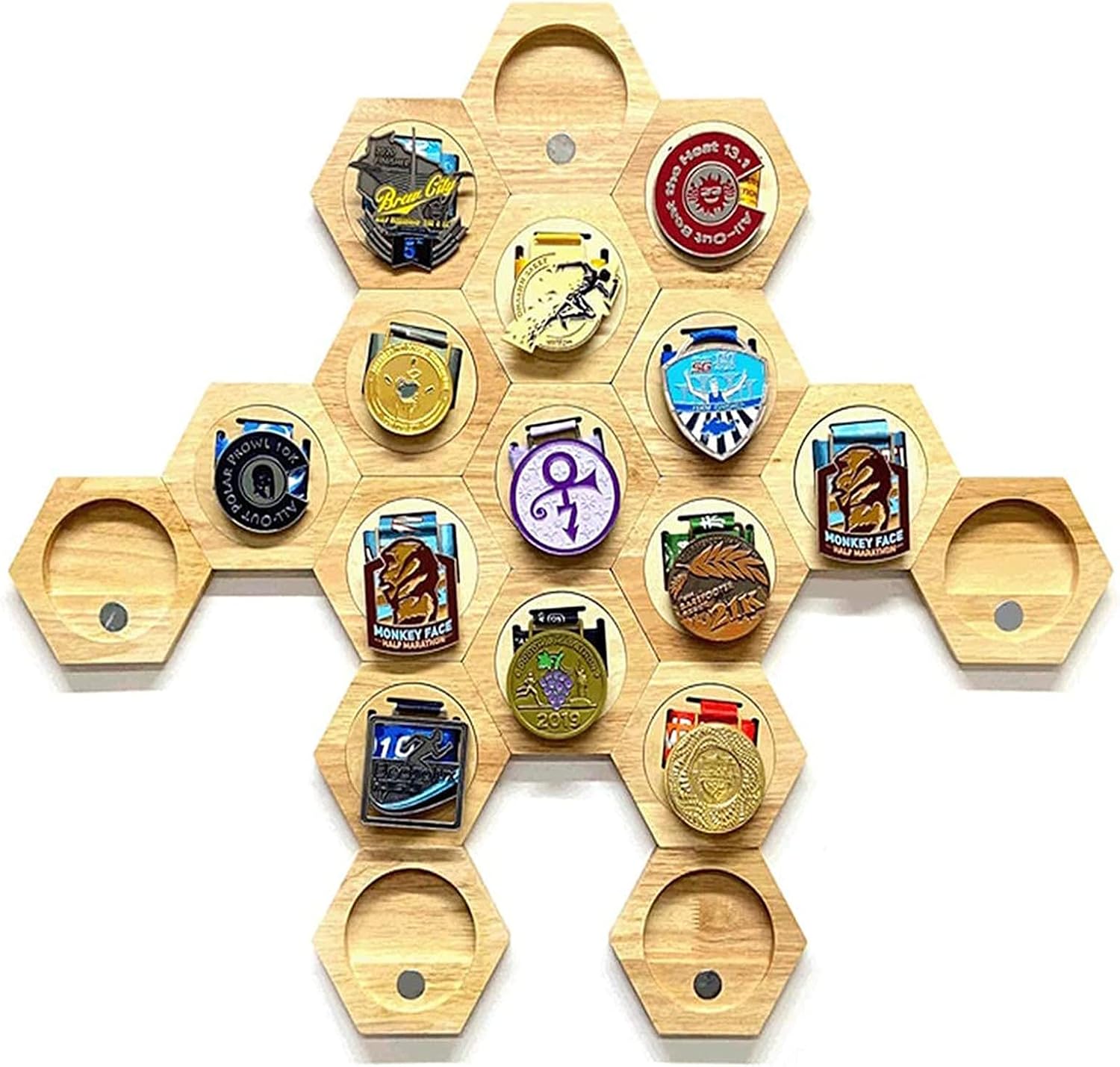 Hexagonal Medal Display Frame 24Pcs/Set Wood Medal Hanger Display Box Punch-Free Creative Stitching Sports Medal Holder, for Military/War/Sports Medal,24pcs