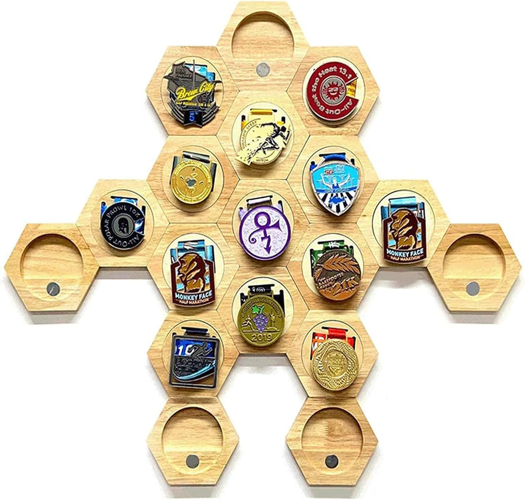 Hexagonal Medal Display Frame 24Pcs/Set Wood Medal Hanger Display Box Punch-Free Creative Stitching Sports Medal Holder, for Military/War/Sports Medal,15pcs