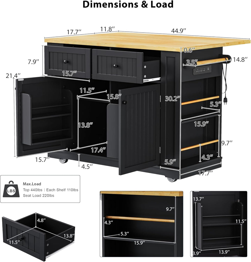 48 Inch Rolling Kitchen Island Storage Cart on 5 Wheels with Drop Leaf, Power Outlet, Door Internal Storage Rack, 5 Open Side Racks, 2 Drawers for Dining Room, Home Bar, Black
