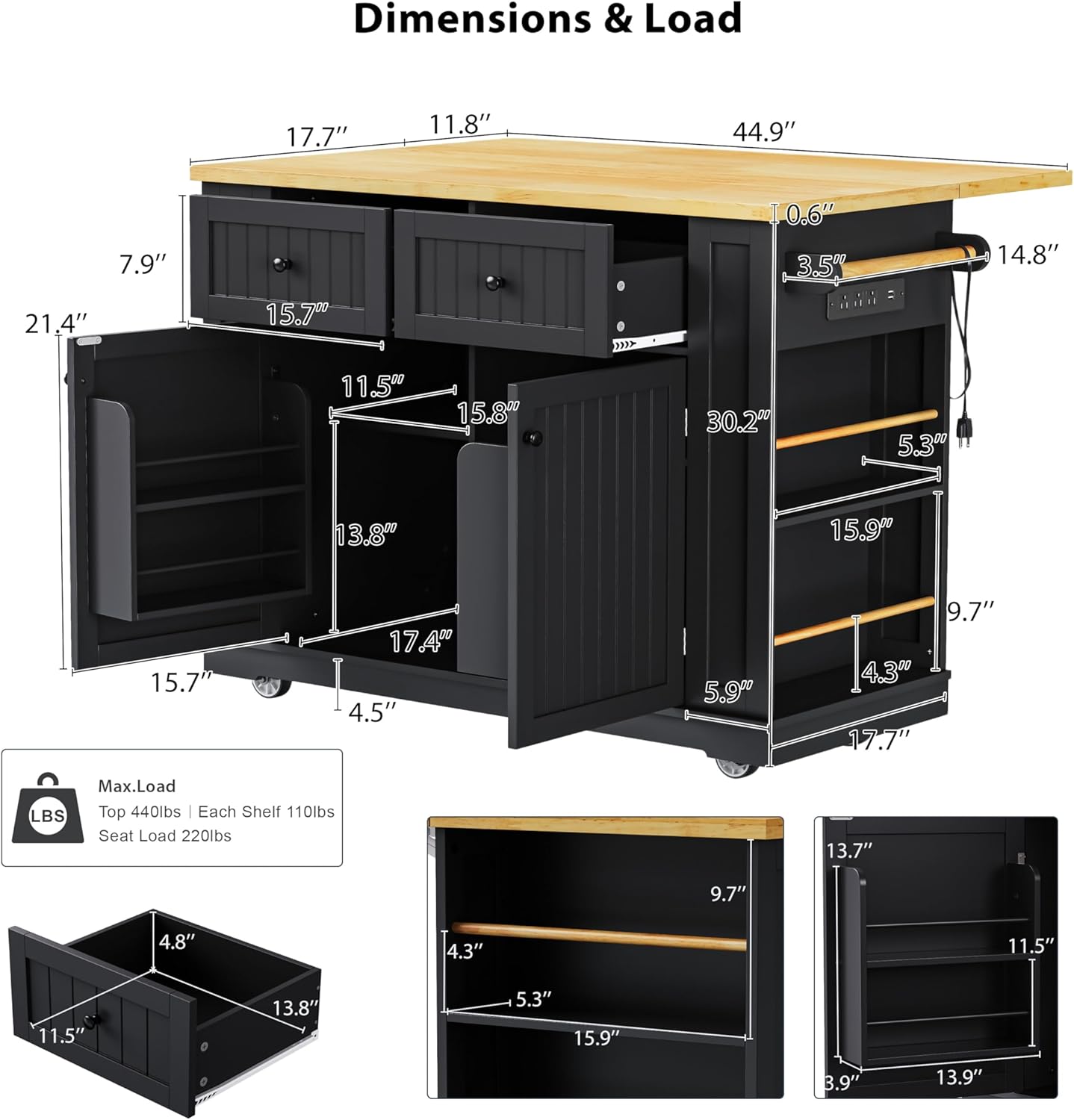 48 Inch Rolling Kitchen Island Storage Cart on 5 Wheels with Drop Leaf, Power Outlet, Door Internal Storage Rack, 5 Open Side Racks, 2 Drawers for Dining Room, Home Bar, Black