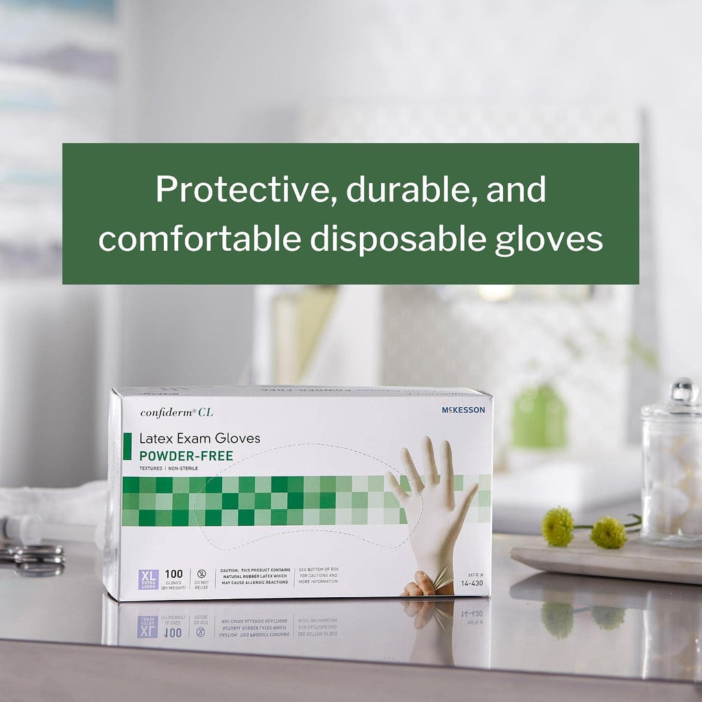 McKesson Confiderm Latex Exam Gloves, Non-Sterile Medical Gloves with Textured Fingertips - Beaded Cuff, Powder-Free - Ivory, Size XL, 100 Count, 10 Boxes, 1000 Total