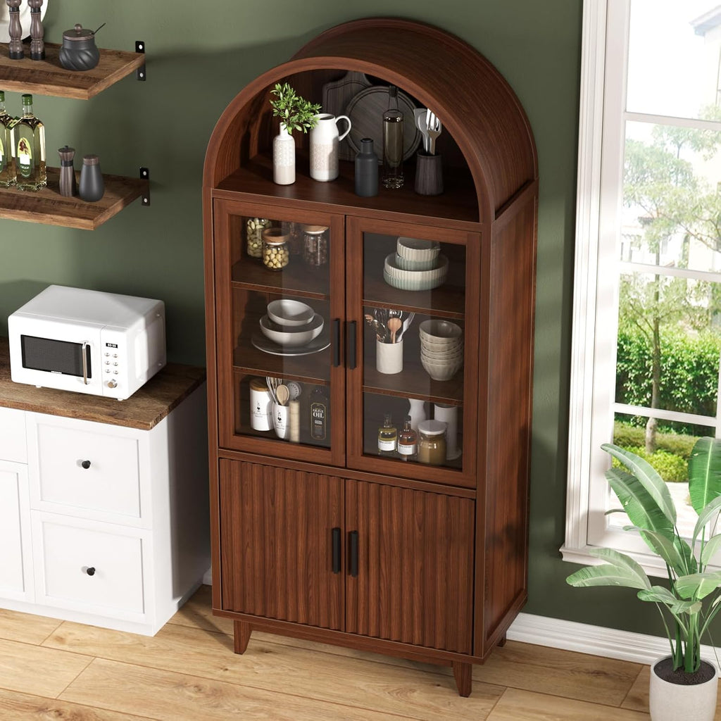 FiveWillowise Kitchen Pantry Cabinet with Glass Doors - Arched Design, Solid Wood Legs, Artistic Fluted Door, Adjustable Shelves, 70.8' Curved Storage Cabinet for Kitchen, Dining Room