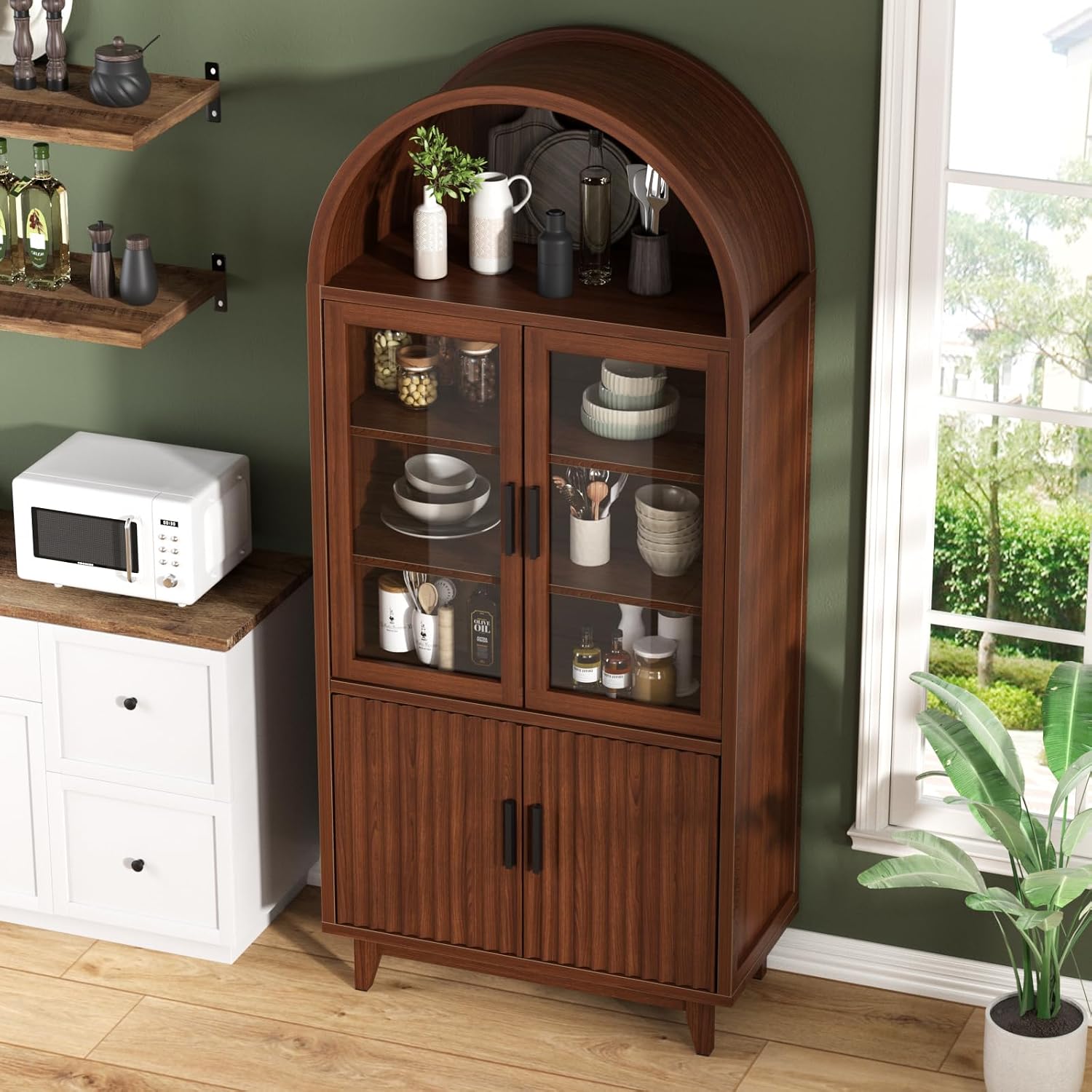 FiveWillowise Kitchen Pantry Cabinet with Glass Doors - Arched Design, Solid Wood Legs, Artistic Fluted Door, Adjustable Shelves, 70.8' Curved Storage Cabinet for Kitchen, Dining Room