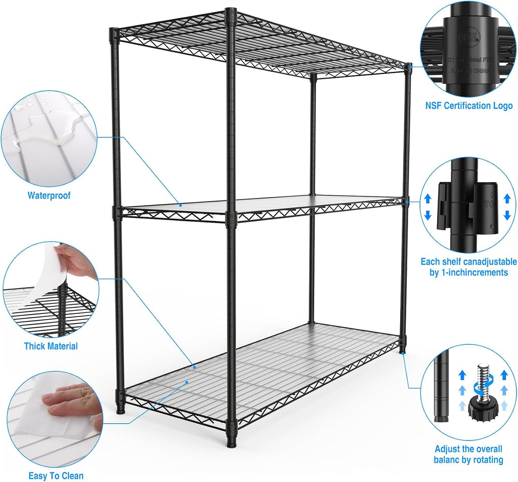 pouseayar 3 Tier NSF Metal Shelf Wire Shelving Unit, 1050lbs Capacity Heavy Duty Adjustable Storage Rack with Shelf Liners - 48' H x 48' L x 18' D for Closet Kitchen Garage Basement and More - Black