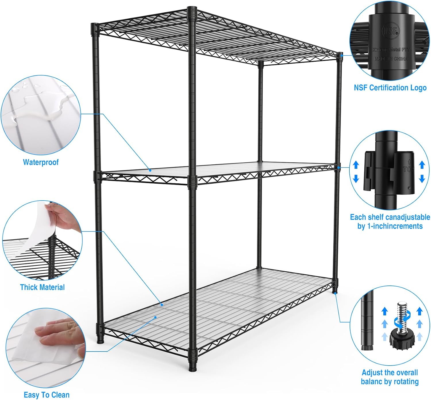 pouseayar 3 Tier NSF Metal Shelf Wire Shelving Unit, 1050lbs Capacity Heavy Duty Adjustable Storage Rack with Shelf Liners - 48' H x 48' L x 18' D for Closet Kitchen Garage Basement and More - Black