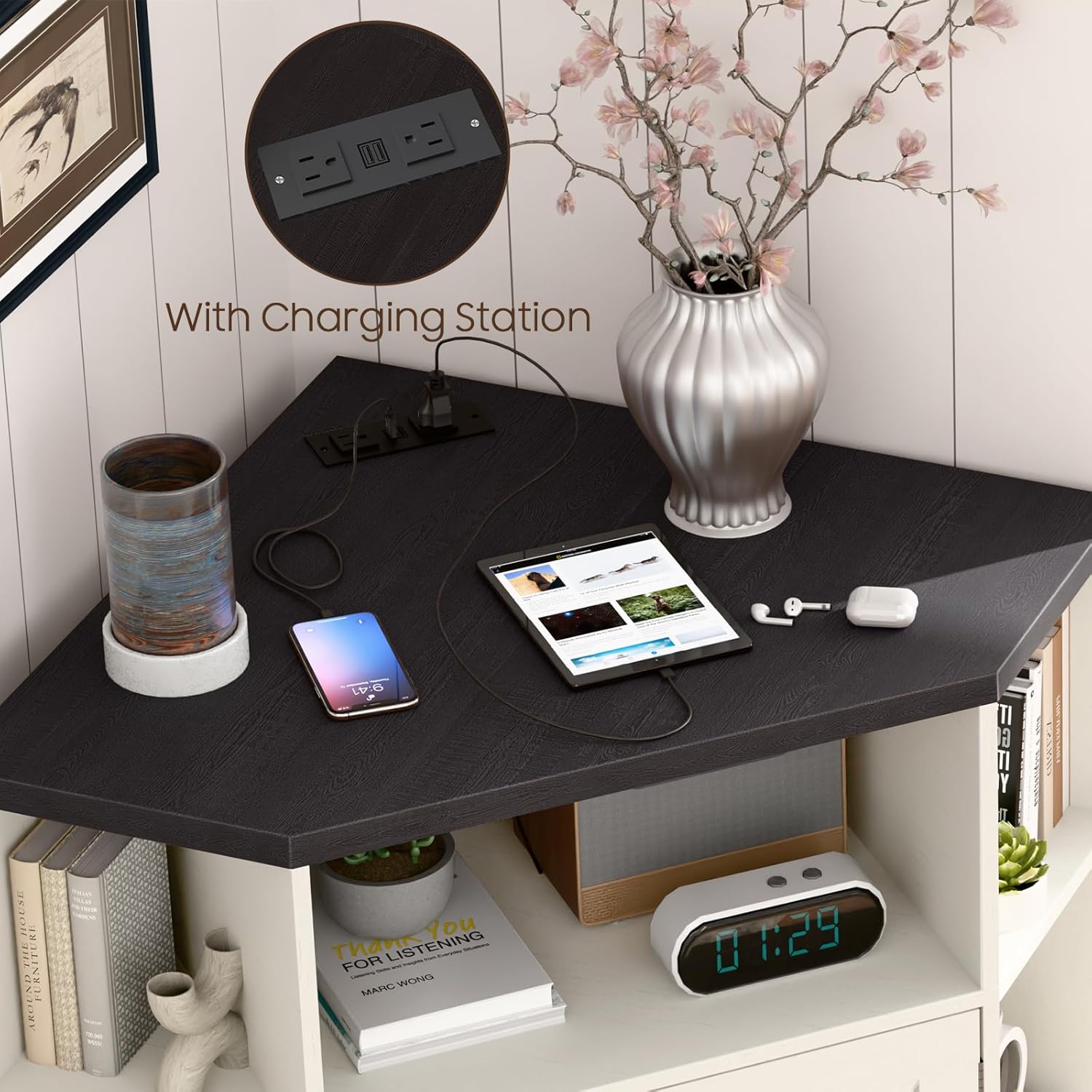 Vabches Corner Cabinet, Corner Storage Shelf with USB Ports and Outlets Industrial Organizer for Small Space Wooden 6-Cubby Bookshelf for Study, Playroom, Living Room (Rustic White and Black)