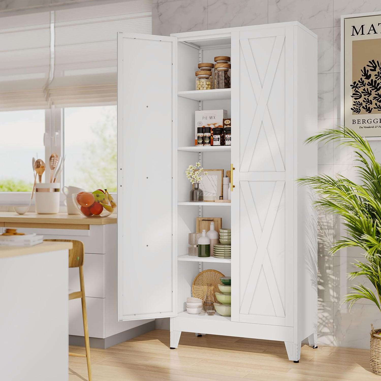 pozdeg 71' Tall Kitchen Pantry Cabinet, Metal Storage Cabinet with 2 Doors and 4 Adjustable Shelves, White Food Pantry Cupboard for Kitchen, Dining Room, Living Room and Bathroom (White)