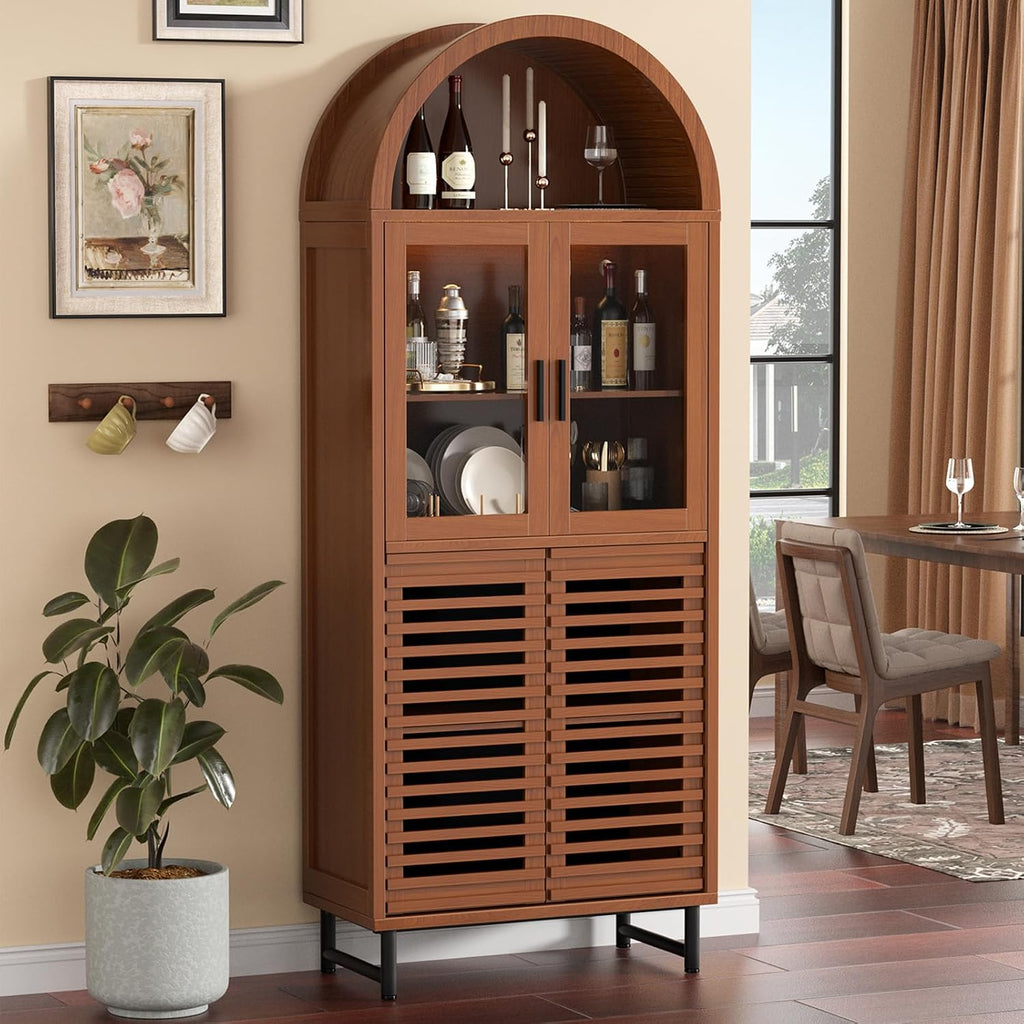 FiveWillowise Kitchen Pantry Cabinet with Glass Doors - Arched Design, Metal U Legs, Artistic Slatted Door, Adjustable Shelves, 78.4' Curved Storage Cabinet for Kitchen, Dining Room