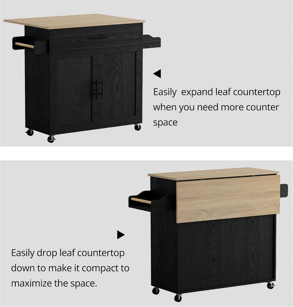 IRONCK Rolling Kitchen Island Table on Wheels with Drop Leaf, Storage Cabinet, Drawer, Spice/Towel Rack, Kitchen Cart, 47.25' Wide Black