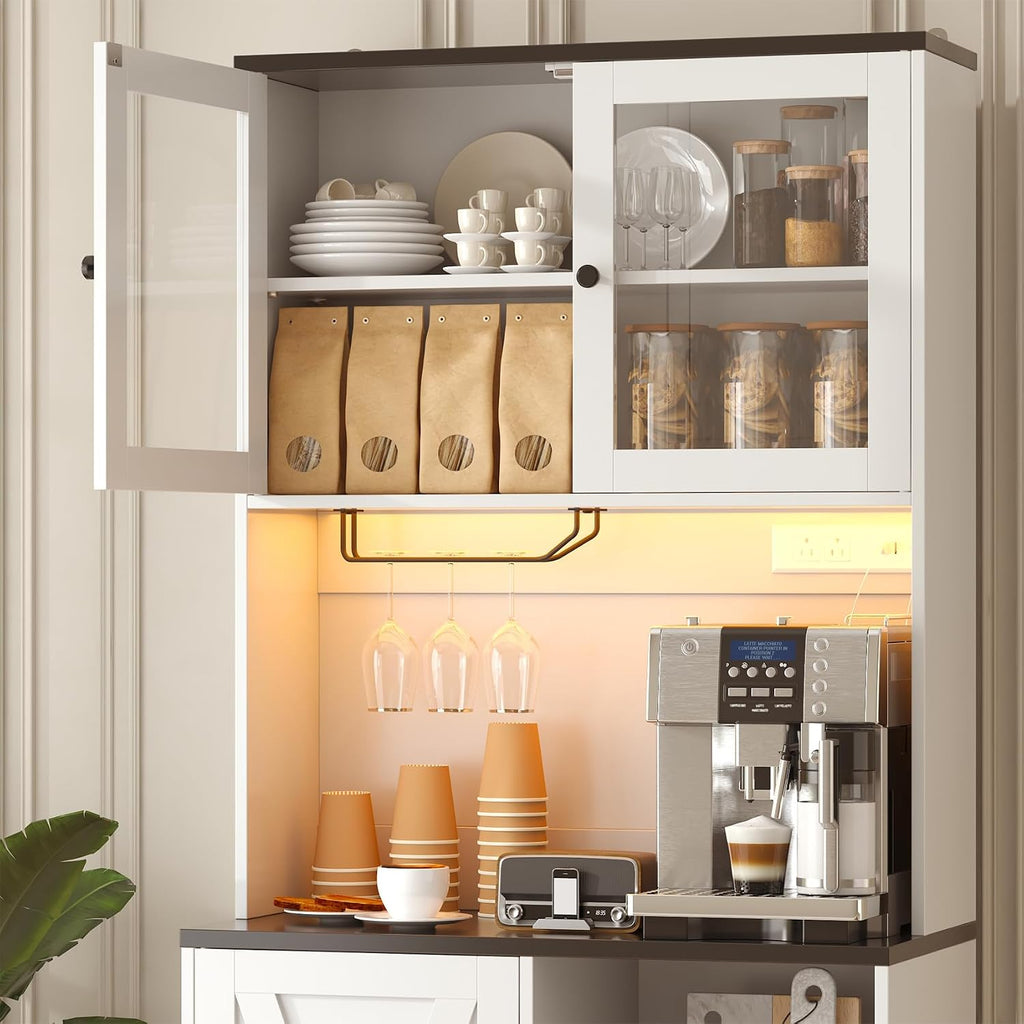 71' Tall Coffee Bar Cabinet with Storage Hutch, Farmhouse Kitchen Pantry Cabinet with LED Lights Microwave Stand and Glass Holder for Home Dining Room Kitchen,White