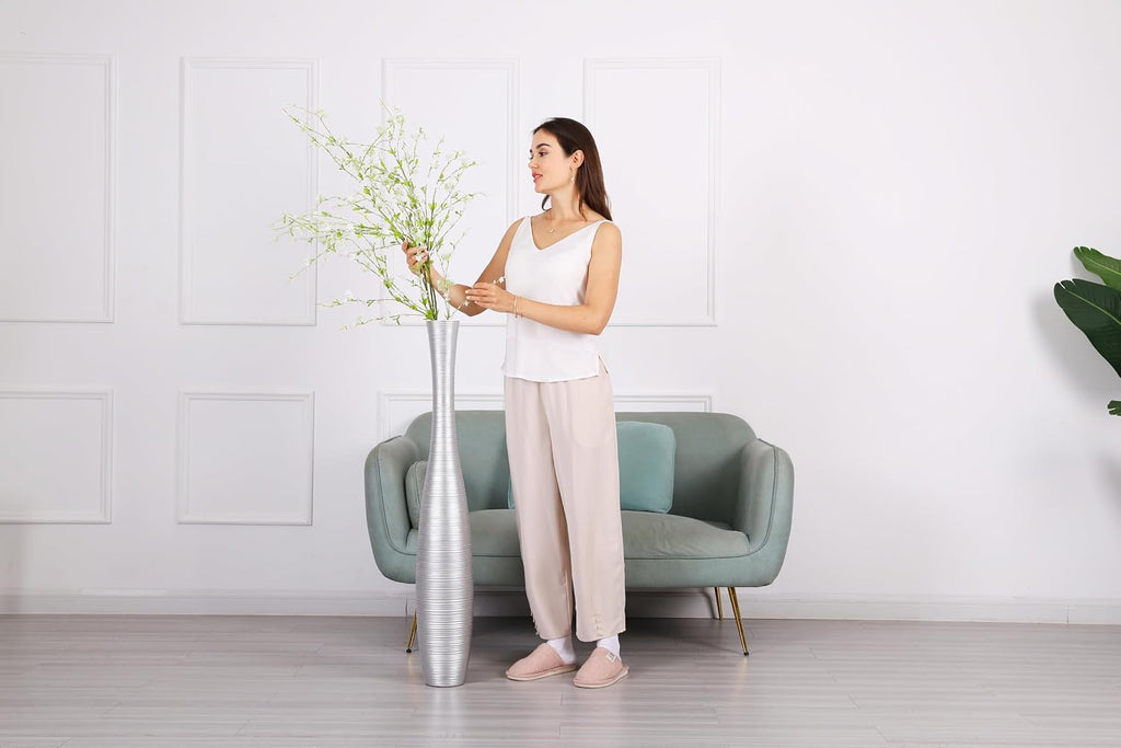 Leewadee Decorative Tall Floor Vase for Living Room Decor, 41 inches, Silver, Resin