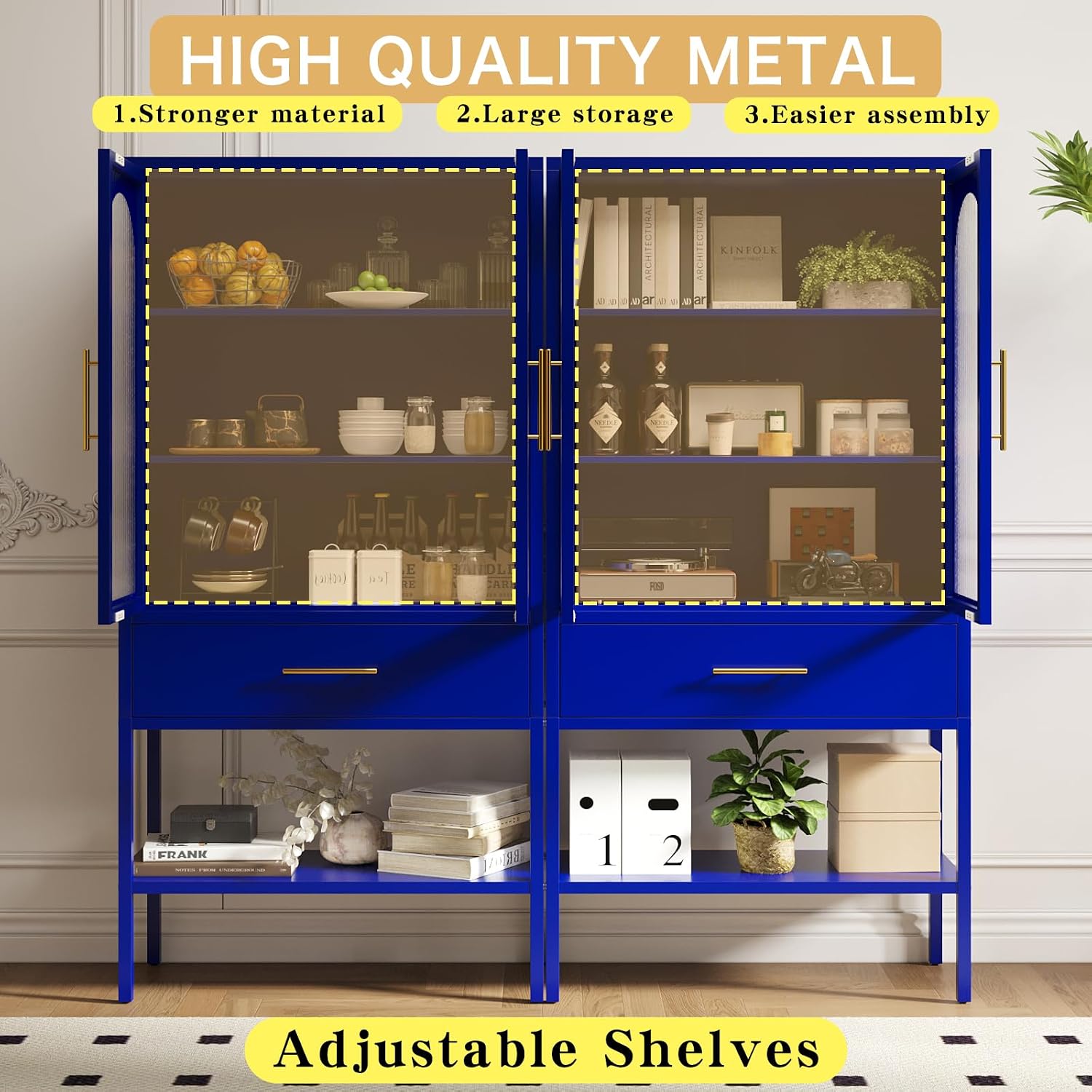 ALBAD 63 Inch Tall Metal Pantry/Display/Storage Cabinet with Fluted Glass Doors and Drawer & Adjustable Shelf for Modern Home Office Living Room Kitchen Blue