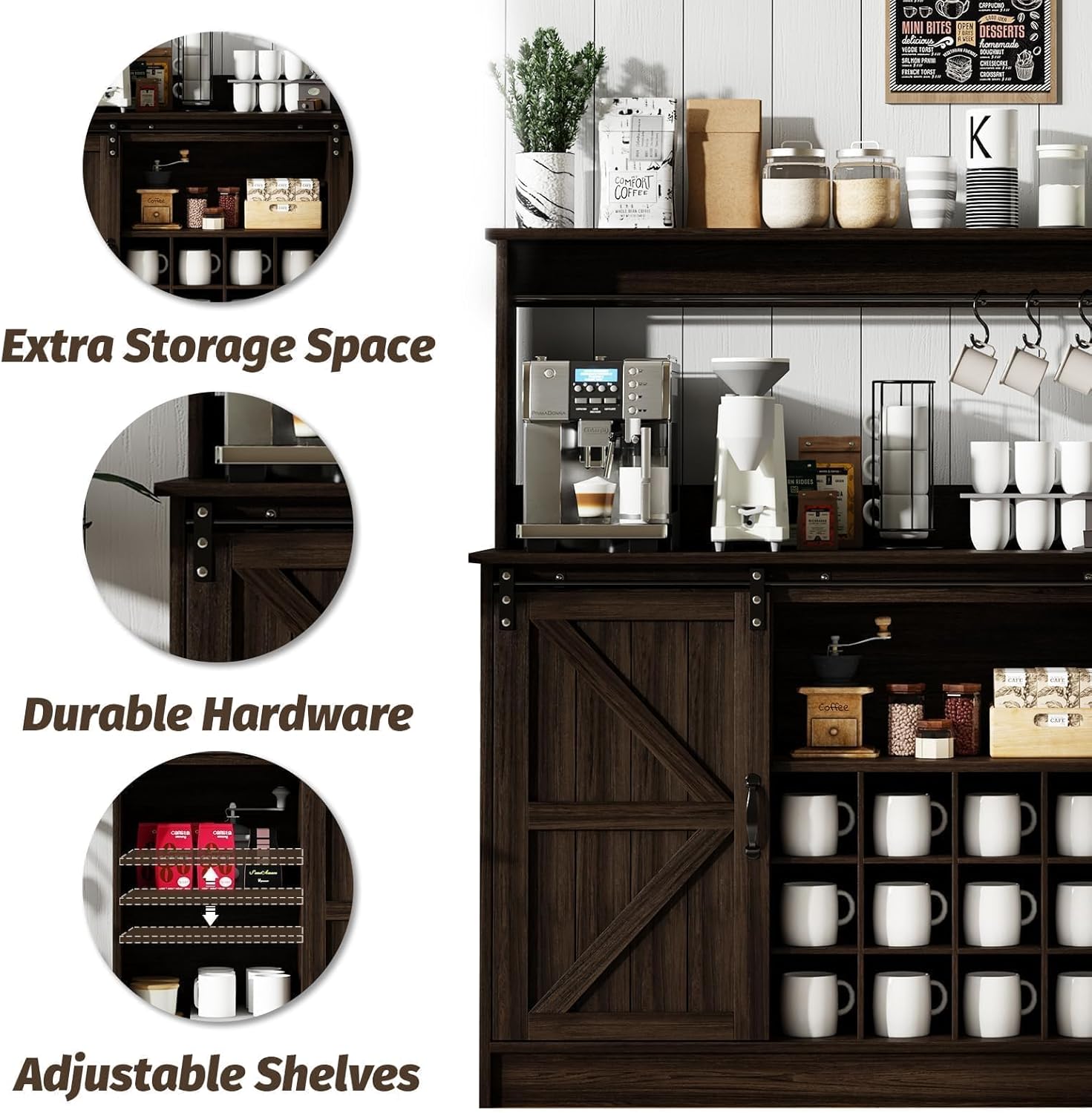 4ever2buy Farmhouse Coffee Bar Cabinet with 8 Hooks, 55' Kitchen Hutch Cabinet with Storage, Gray Coffee Bar with Sliding Barn Doors and 12 Racks for Living Dining Room, Dark Oak