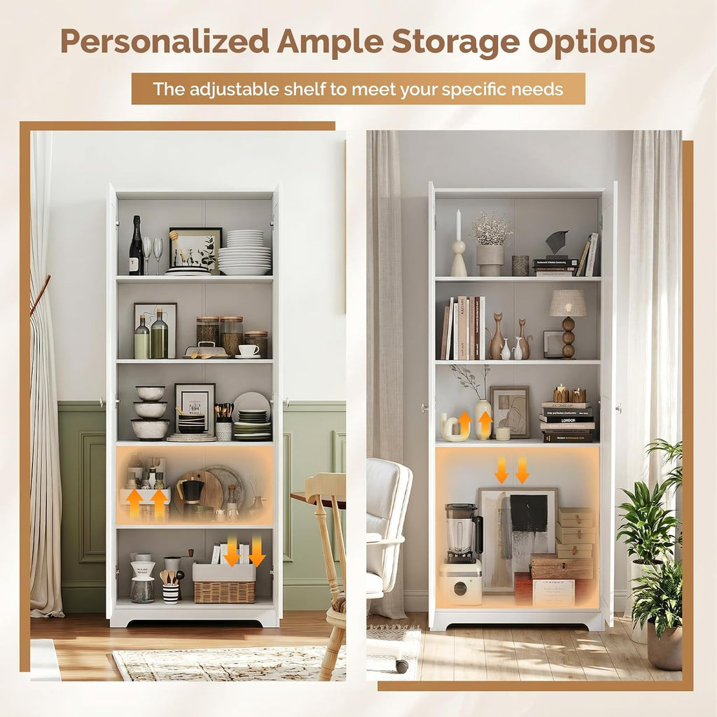 VINGLI 72' Tall Pantry Cabinet, Kitchen Pantry Storage Cabinet with 2 Doors & Adjustable Shelves, Freestanding Food Storage Cupboard for Kitchen, Dining Room, Utility Room, White
