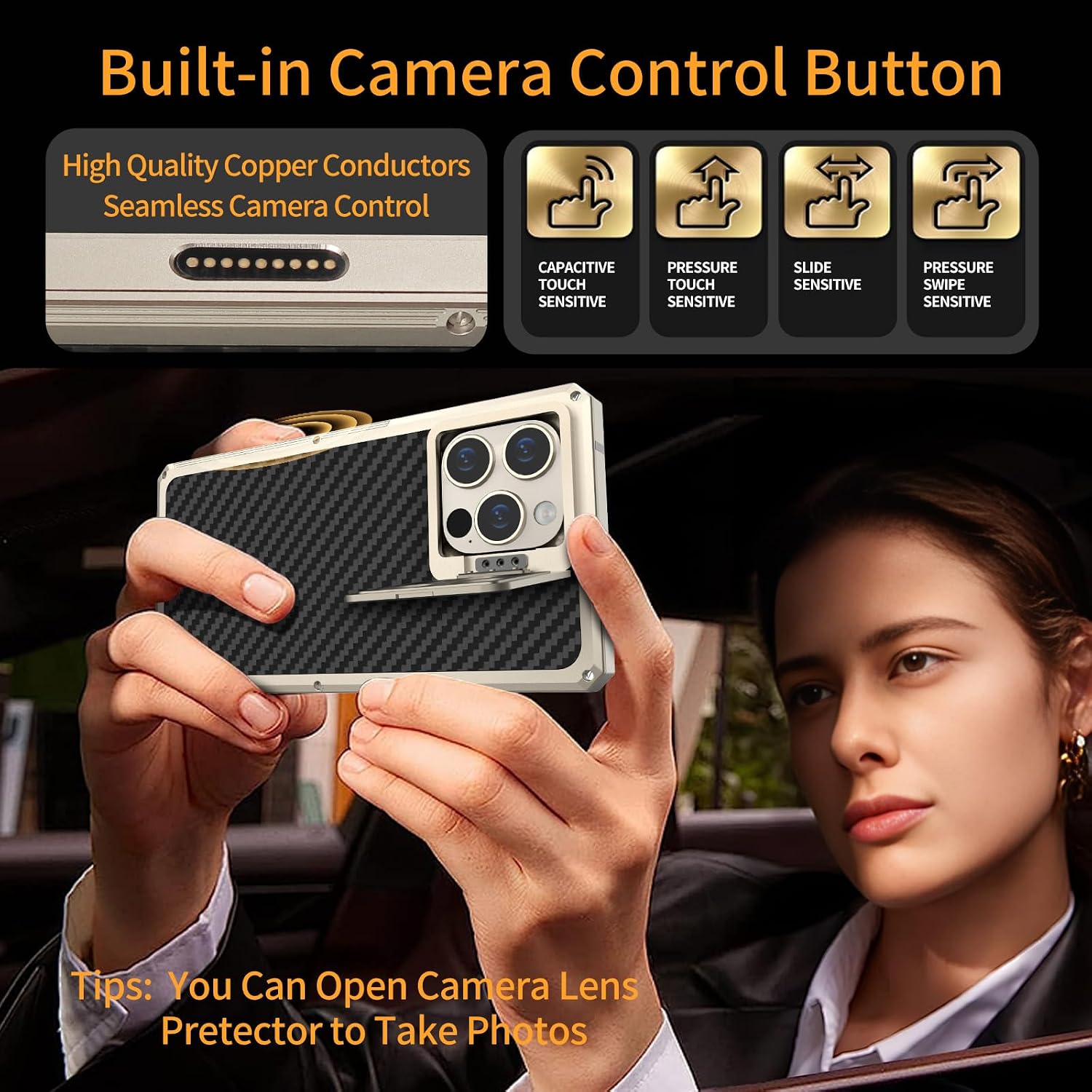 Luxury Carbon Fiber Aluminum Case for iPhone 16 Pro Max, Heavy Duty Rugged Military Protective Phone Cover with Camera Lens Protector Stand, Strong Magnetic Ring Compatible with Magsafe, Titanium