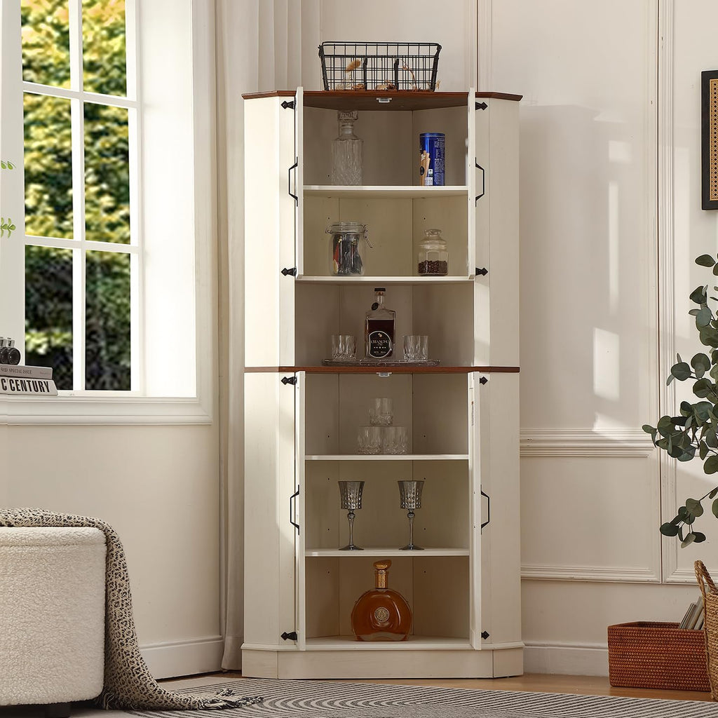 66.92'' Tall Corner Cabinet with Adjustable Shelves for Great Storage and Showcase,Storage Cabinet Double as Corner Liquor Cabinet with Hexagon Design for Livinng room,Kitchen and Bathroom,Off White