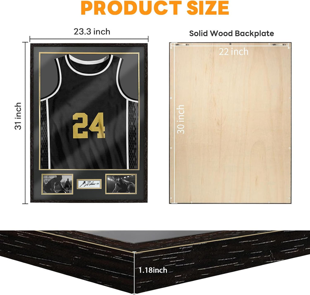 Jersey Frame Display Case 2 Pack, Large Sport Jersey Shadow Box with 98% UV Protection Acrylic,Two Photo Frame One Signature for Baseball Basketball Soccer Hockey Sport Shirt and Uniform,Black Walnut