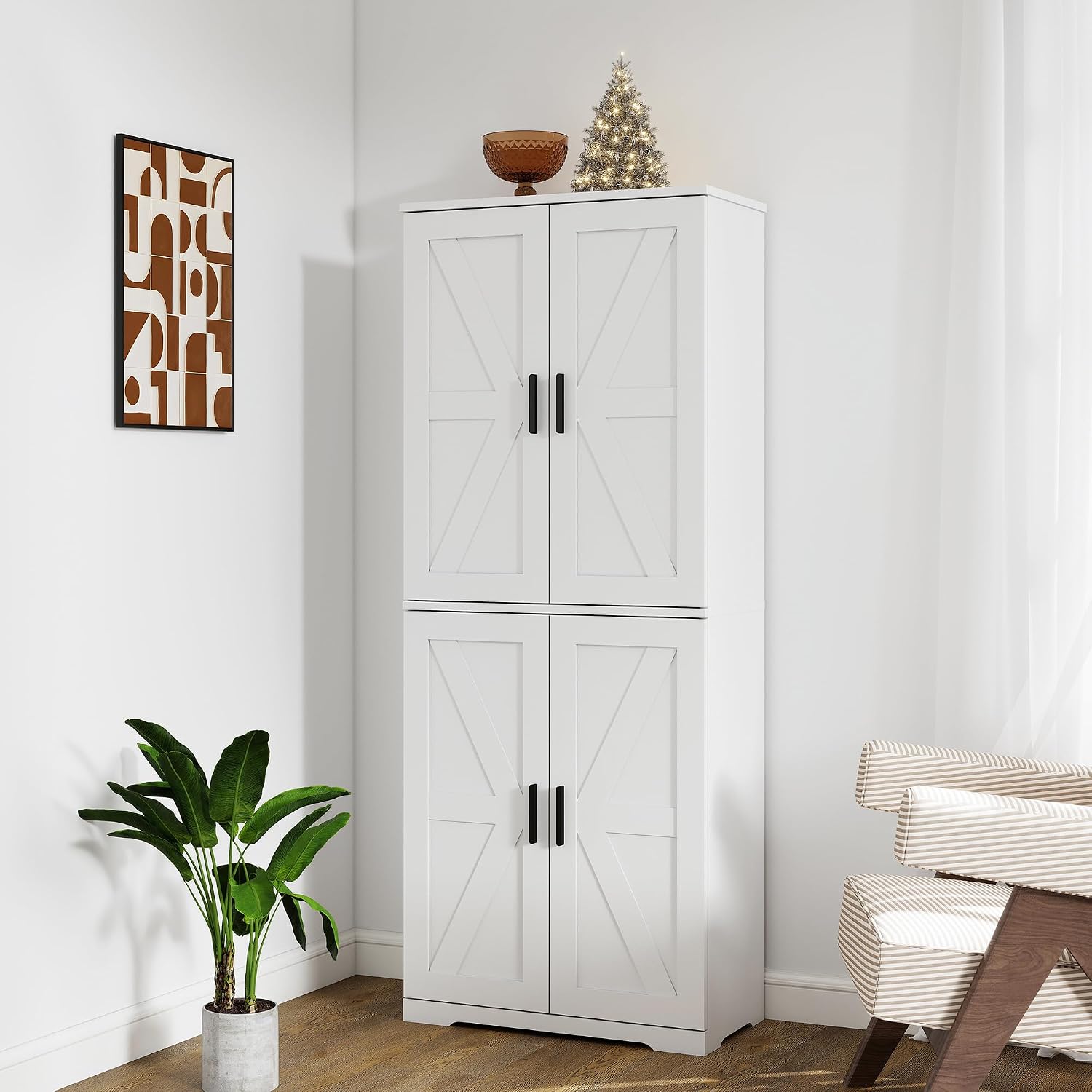 Farmhouse Storage Cabinet with 4 Door, Kitchen Pantry Storage with 4 Adjustable Shelves Wooden Cupboard for Kitchen, Dining Room, Living Room, Bathroom (White)