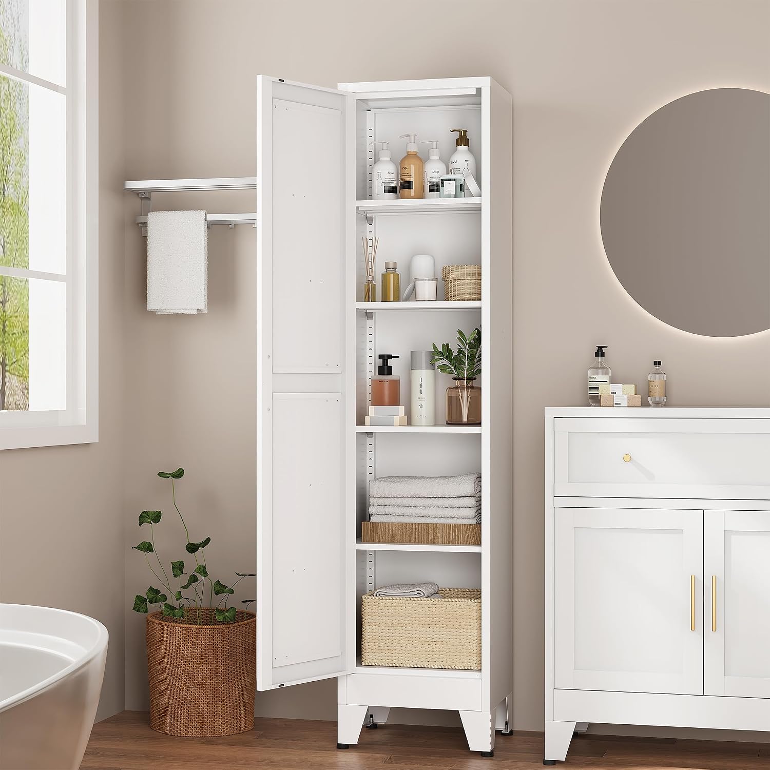 Narrow Bthroom Storage Cabinet Tall Metal Storage Cbinets with 4 Adjustable Shelves Freestanding 5 Tier Slim Pantry Cabinet for Kitchen Office Small Space