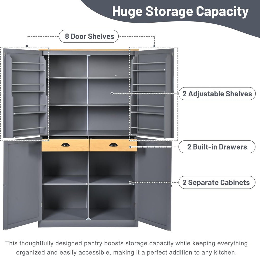 Ball & Cast 71.3' Freestanding Kitchen Pantry with 2 Built-in Drawers and Adjustable Shelves,Storage Cupboard Cabinet with 8 Door Shelves,for Kitchen,Dining Room,Living Room,Apartment,Gray