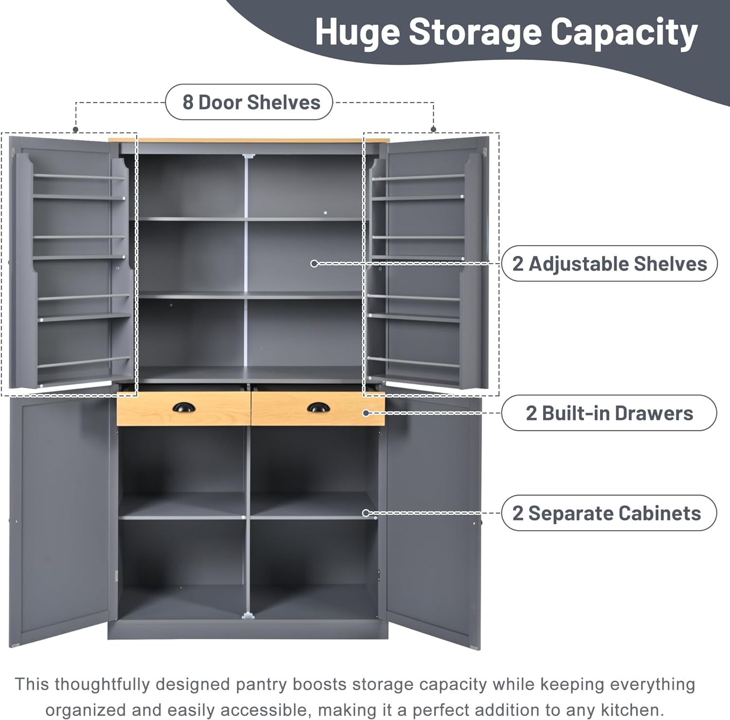 Ball & Cast 71.3' Freestanding Kitchen Pantry with 2 Built-in Drawers and Adjustable Shelves,Storage Cupboard Cabinet with 8 Door Shelves,for Kitchen,Dining Room,Living Room,Apartment,Gray