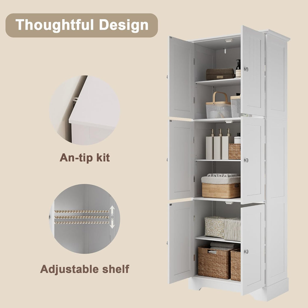 ChooChoo Tall Bathroom Storage Cabinet with 6 Doors, Freestanding Floor Cabinet with Adjustable Shelves, White Pantry Cabinet for Bathroom, Kitchen, Laundry Room