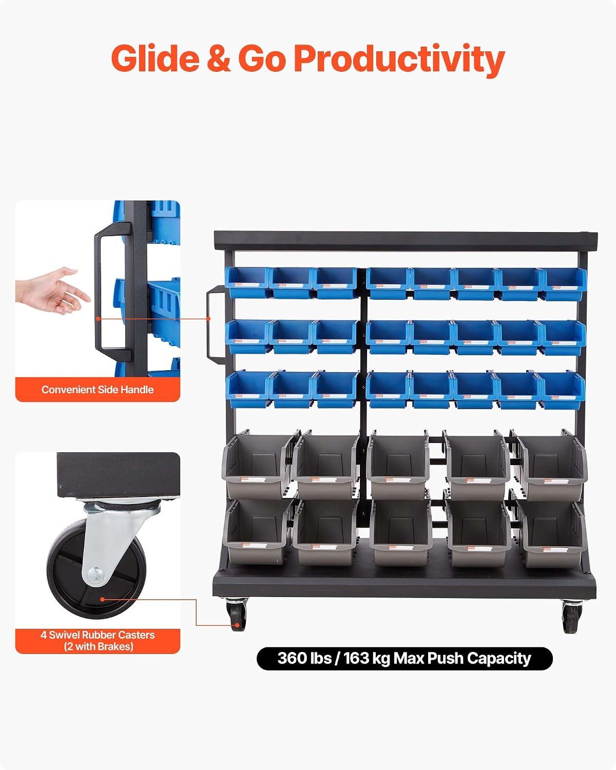 VEVOR 5-Tier Double-Sided Rolling Bin Storage Rack, 68 Plastic Bins, Dual-Sided Parts Organizer with Wheels, Mobile Tool Organizer for Garage, Warehouse, Office, Restaurant, Classroom, Kitchen