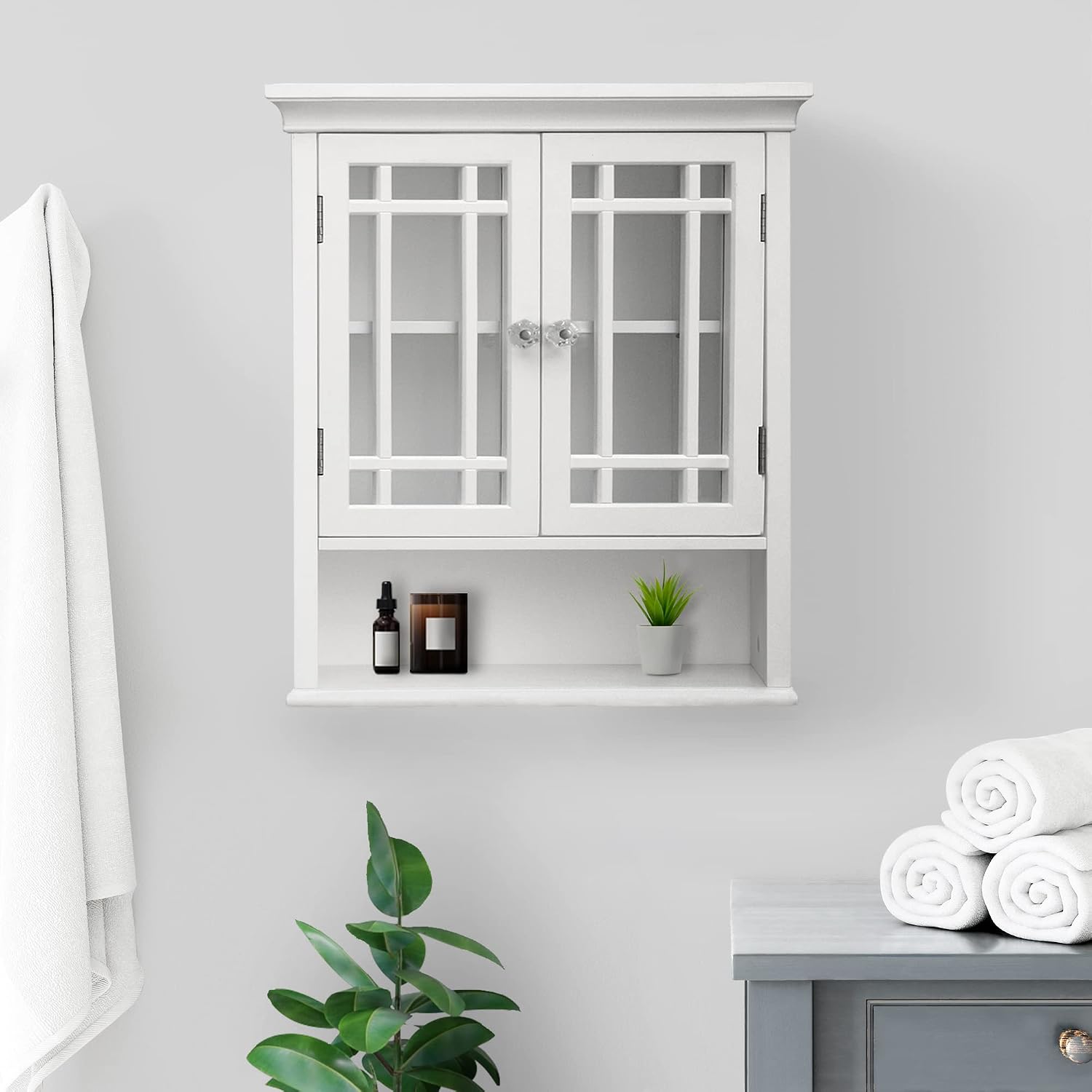 Teamson Home Neal Wooden Over The Toilet Bathroom Removable Wall Medicine Cabinet with 1 Fixed and 1 Adjustable Shelf 3 Storage Spaces 2 Glass Mosaic Doors and Crystal-Cut Acrylic Knobs, White