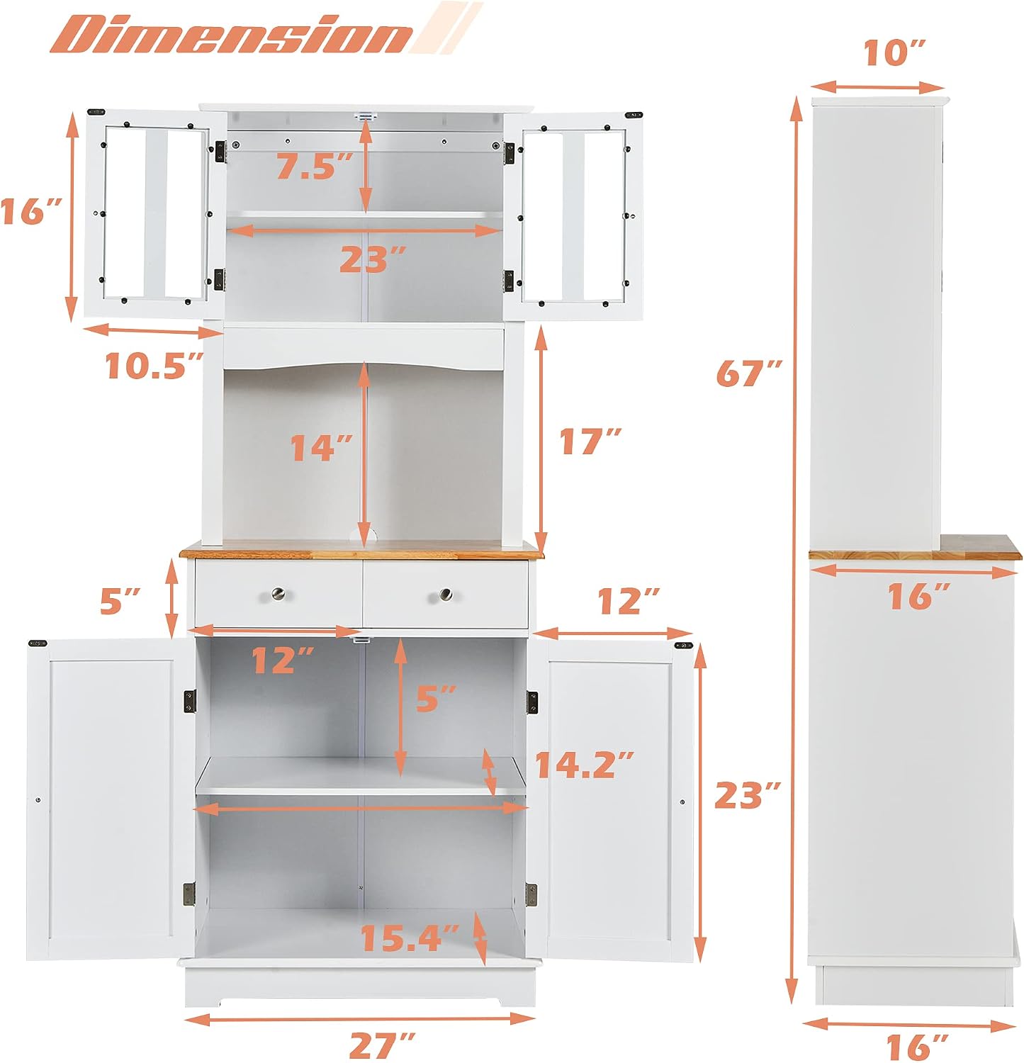 LOKO Kitchen Hutch Cabinet, Kitchen Cabinet with Framed Tempered Glass Doors, Flat Countertop and 2 Drawers, Kitchen Pantry Storage Cabinet with Adjustable Shelves, 27 x 16 x 67 inches (White)