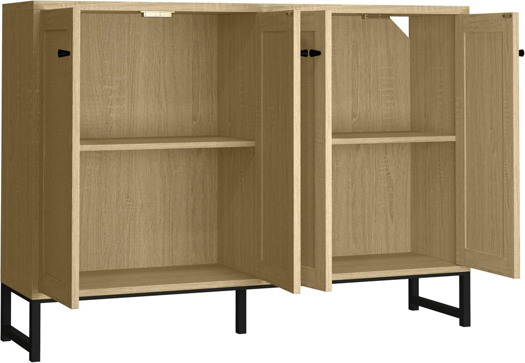 Panana Sideboard Accent Storage Cabinet with Rattan Decorated 4 Doors Dining Room Freestanding Kitchen Buffet Table Cupboard (Natural)