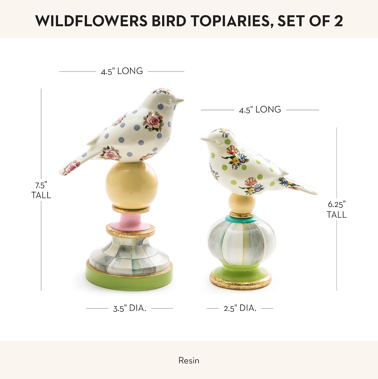 MACKENZIE-CHILDS Bird Topiaries, Decorative Bird Decor for Living Room or Bedroom Table Decor, Set of 2, Wildflowers