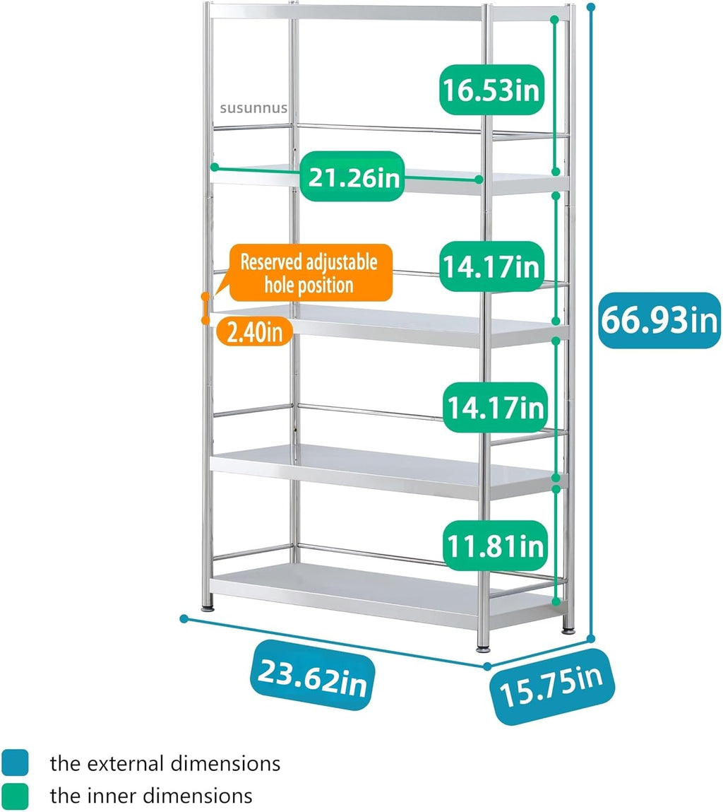 susunnus 5 Tier Industrial Storage Rack for Kitchen Garage,23.6in Wide Heavy Duty Shelving Unit,Stainless Steel Shelves, Steel Rack Shelving Unit for Home and Workshop(23.6in 5T-with Guardrails)