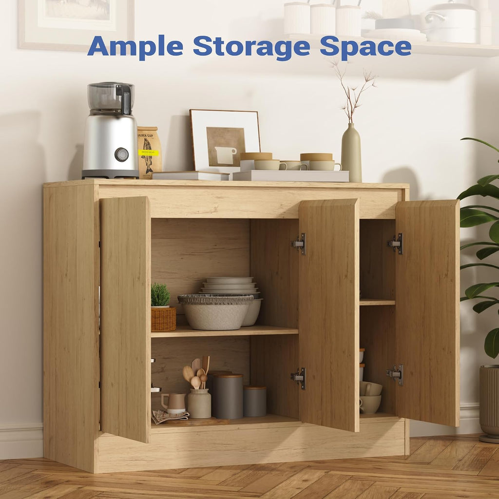 Housoul Buffet Cabinet with Storage, Coffee Bar Cabinet with 3 Doors and Adjustable Shelf, Modern Kitchen Buffet Sideboard for Living Room, Kitchen, Natural
