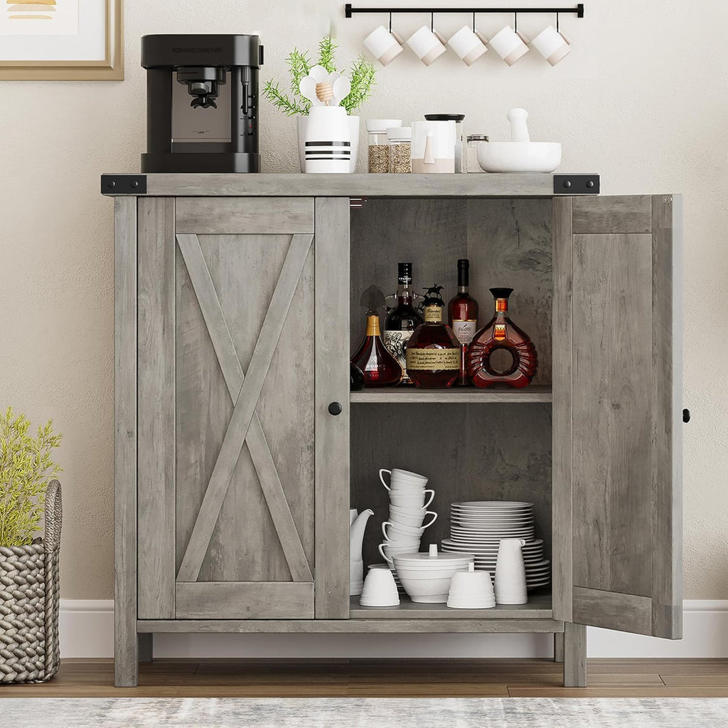 GarveeHome Small Storage Cabinet, Farmhouse Sideboard Buffet Cabinet with 2 Doors and Adjustable Shelves, Accent Entryway Console Cabinets for Living Room, Dining Room (Rustic Gray, 2 Pieces)