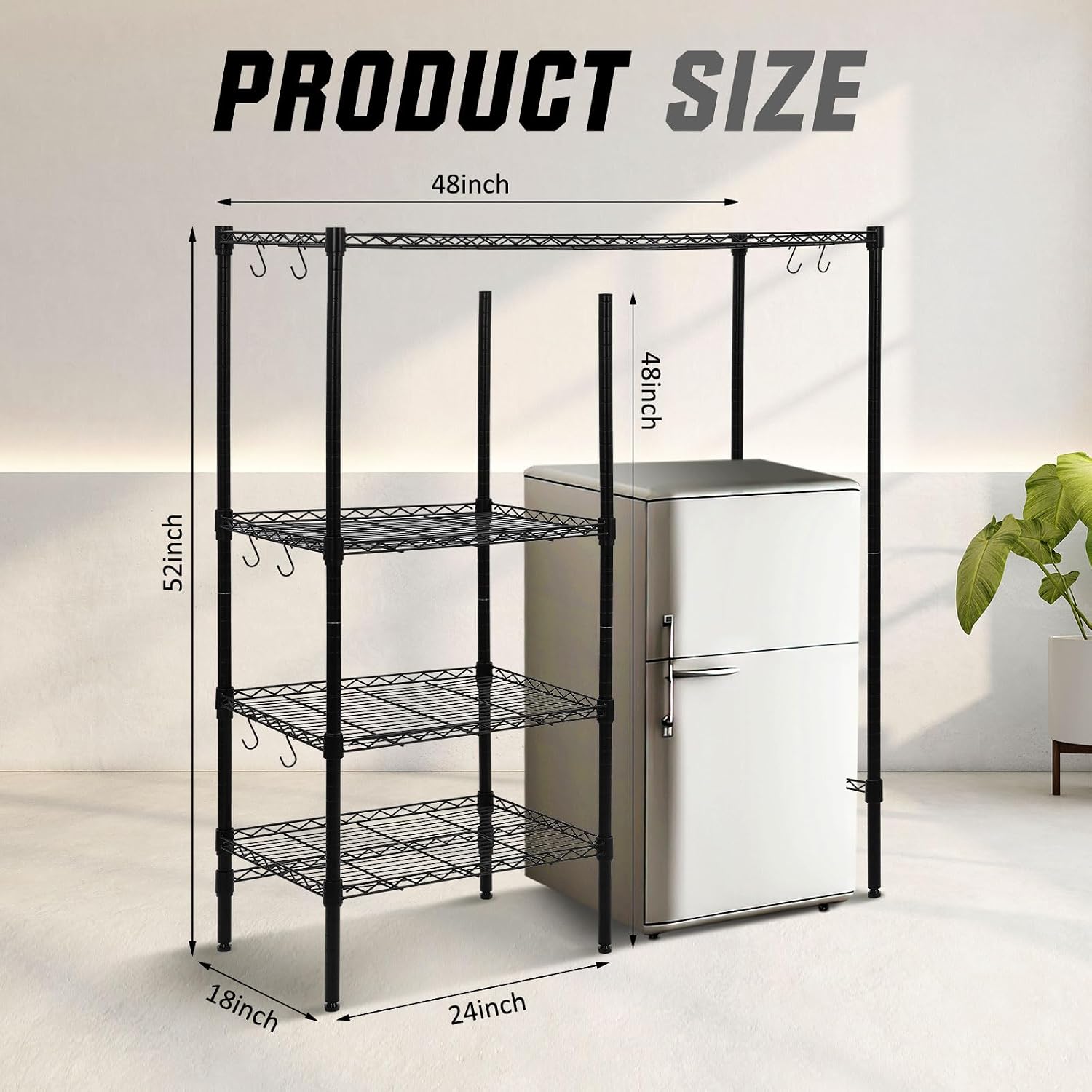Huwena Mini Fridge Stand with Storage Shelf for Dorm 4 Tier Mini Microwave Stand Baker Rack Adjustable Height Over Fridge Storage Organizer with Hook for College Dorm Kitchen Office Coffee Bar(Black)