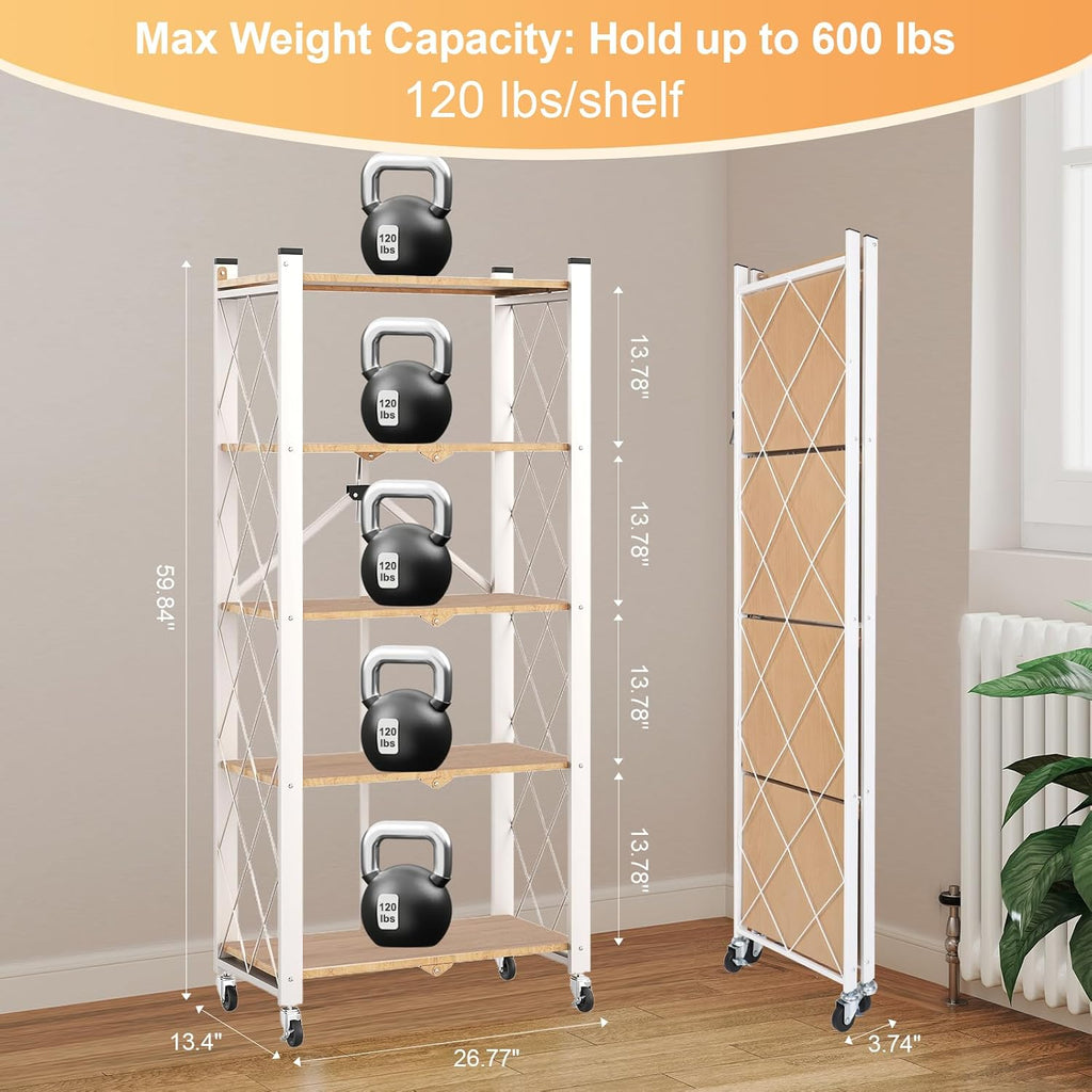5-Tier Foldable Storage Shelves with Wheels | Portable Structure, Suitable for kitchen, bedroom, living room, bathroom, garage, wood grain transfer, 59*26*13in