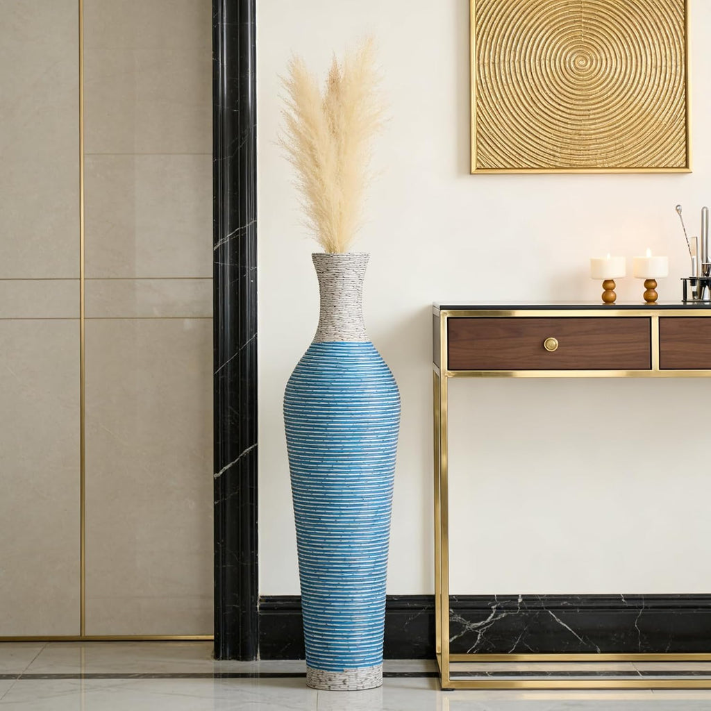 39-Inch Tall Vintage Floor Vase - Premium PVC Rattan Weave, Large Blue Striped Standing Vase, Flower Holder for Home Decor (Blue)