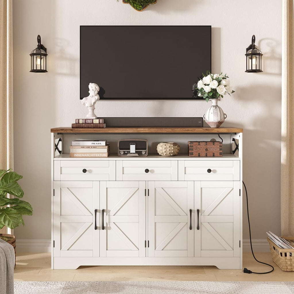 Befrases Farmhouse Sideboard Buffet Cabinet, Barn Doors Storage Cabinet with Drawers and Open Shelf, 47.2'' Wood Coffee Bar Microwave Station for Kitchen, Living Room, Hallway, White