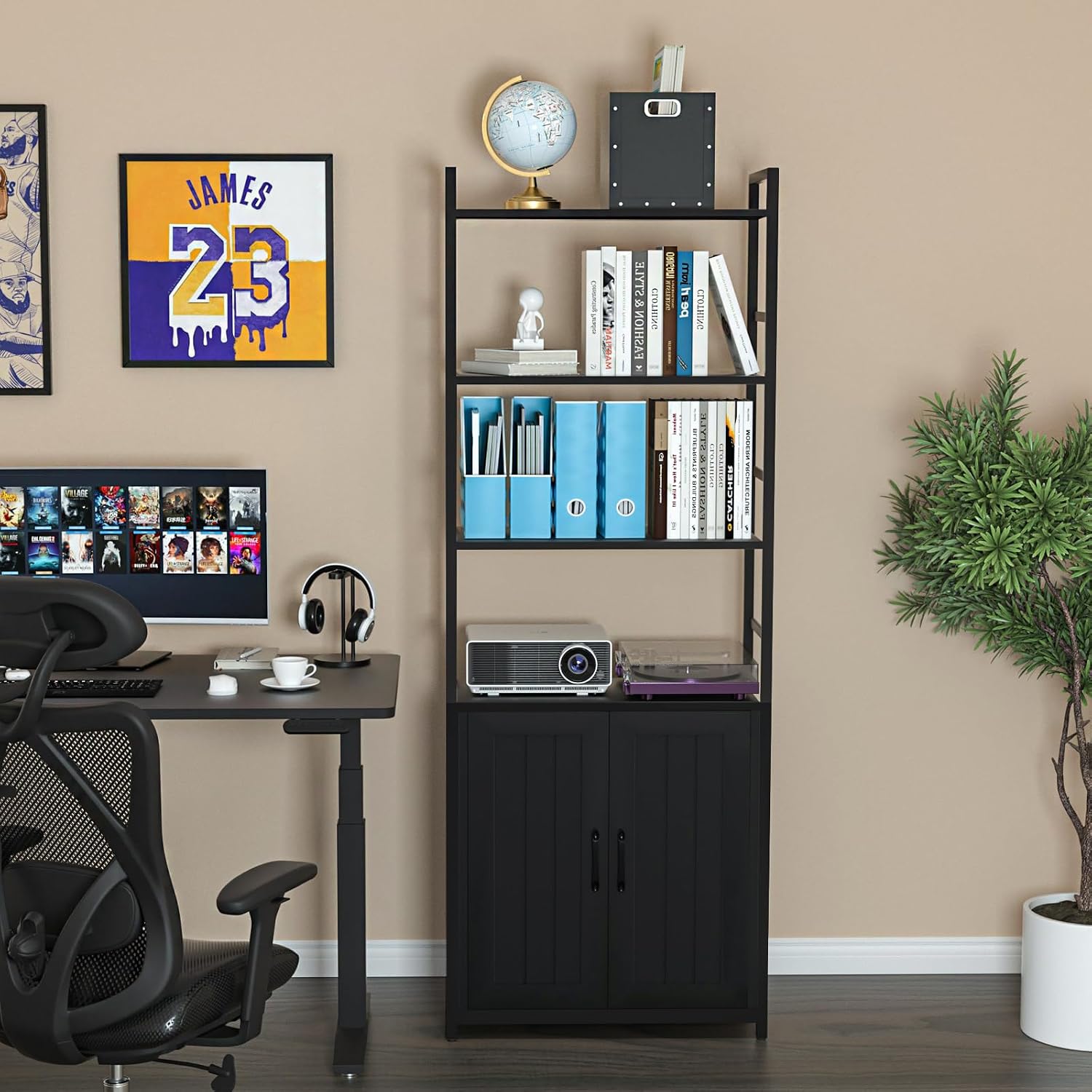 Lazyvan Black Bookshelf with Doors,70' Tall Bookcase with Storage Cabinet,6 Tier Book Shelf for Living Room/Bedroom/Office/Kitchen,70'(H)*26'(L)*11.8'(W)