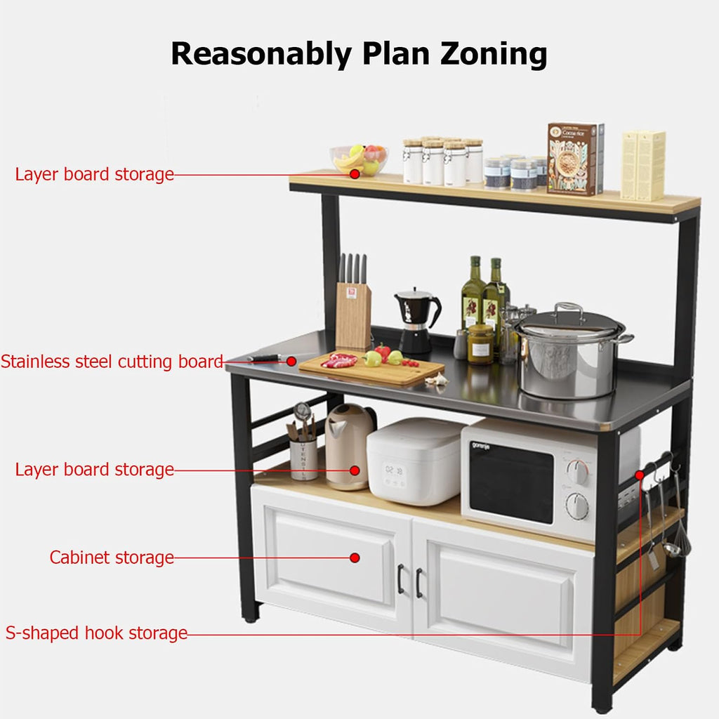 4-Tier Kitchen Storage Rack,Bakers Rack with Sliding Drawer and S-Shaped Hooks,Kitchen Storage Shelves with Adjustable Foot Pad,Standing Metal Shelf Rack for Storage Pantry