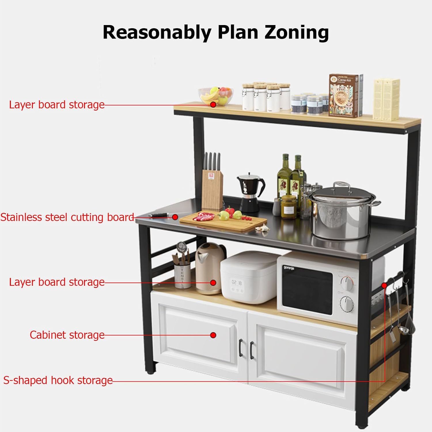 4-Tier Kitchen Storage Rack,Bakers Rack with Sliding Drawer and S-Shaped Hooks,Kitchen Storage Shelves with Adjustable Foot Pad,Standing Metal Shelf Rack for Storage Pantry