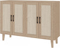 Panana Buffet Storage Cabinet with Rattan Decorating 4 Doors Living Room Kitchen Sideboard 48.43 x 34.65 x 15 inch (Natural Wood)