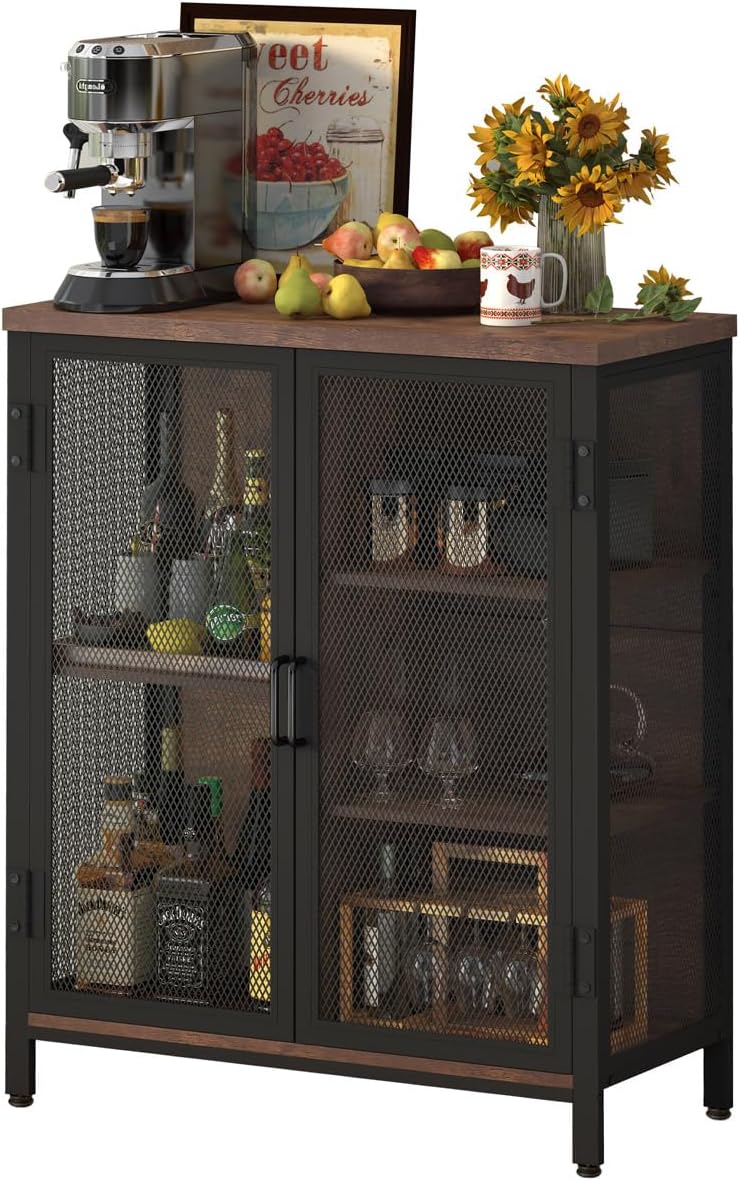 BON AUGURE Coffee Bar Cabinet for Liquor, Small Storage Cabinet for Home Kitchen, Farmhouse Sideboard Buffet Cabinets, Industrial Alcohol Cabinets for Dining Entryway Living Room (Rustic Oak)