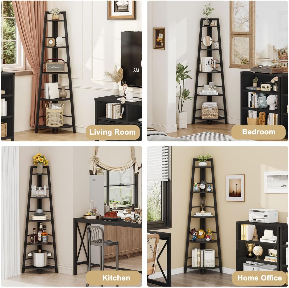 BON AUGURE 5-Tier Corner Shelf, Industrial Tall Corner Bookshelf for Living Room, Narrow Ladder Bookcase with Metal Frame, Rustic Wood Corner Plant Stand for Small Space, Home Office, Black Oak
