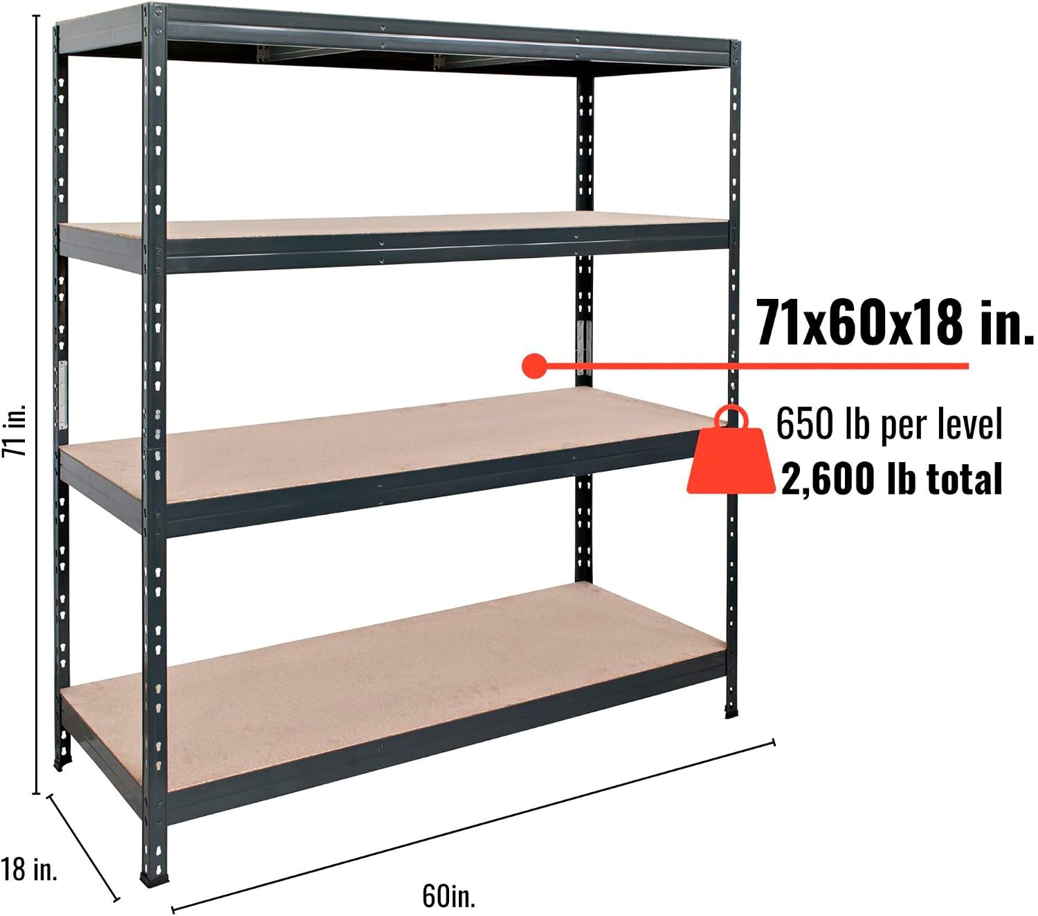 AR Shelving 2400-Lb. Capacity, 71in.H x 60in.W x 18in.D Rivet Shelving Unit, Or Assemble as 2 Benches, Ea. 35 1/2in.H x 120in.L x 18in.D, Matte Dark Gray, Model# Garage 60/18 600 Lbs.
