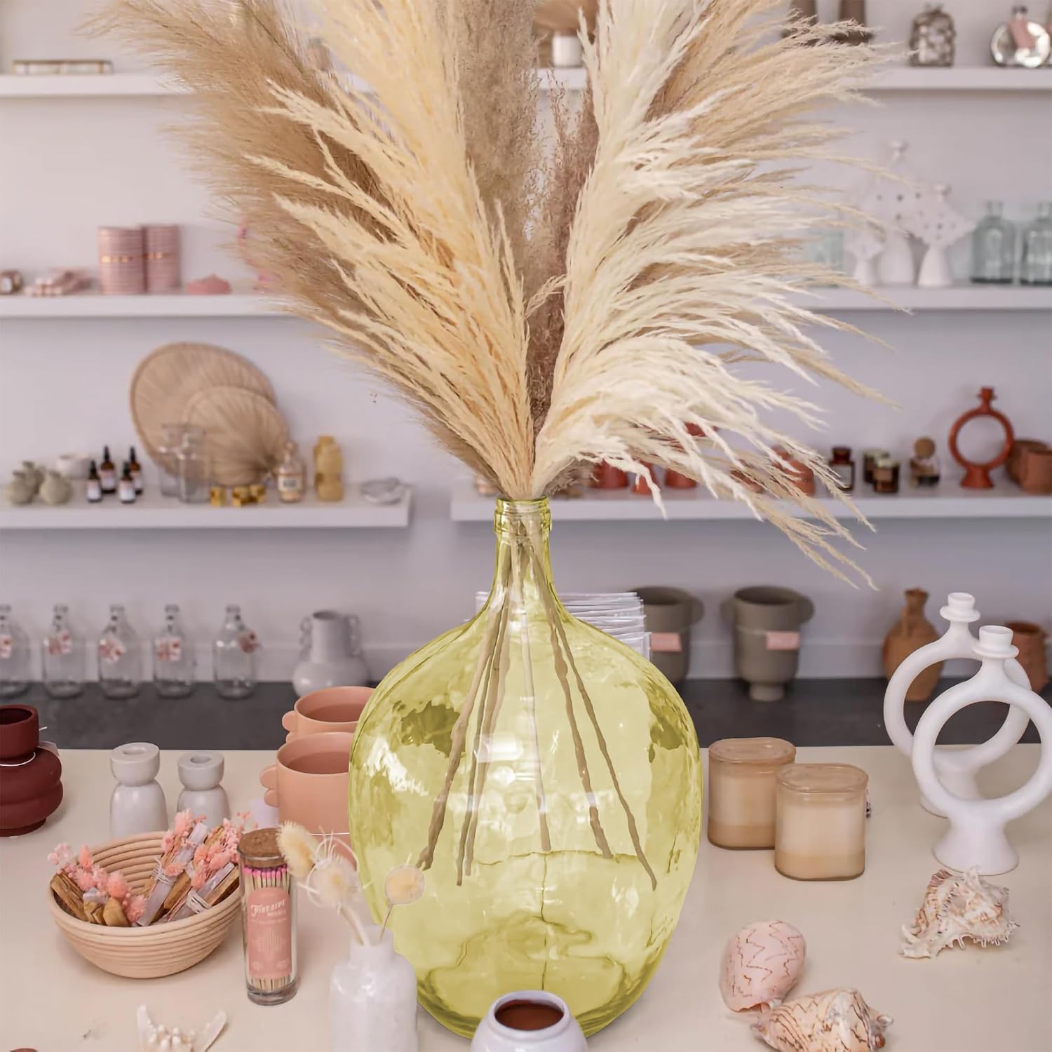 21' Extra Large Glass Floor Vase for Tall Pampas Grass, Golden Clear Big Glass Vases for Tall Branches Plant, Heavy Duty Round Balloon Vase for Living Room Home Decor