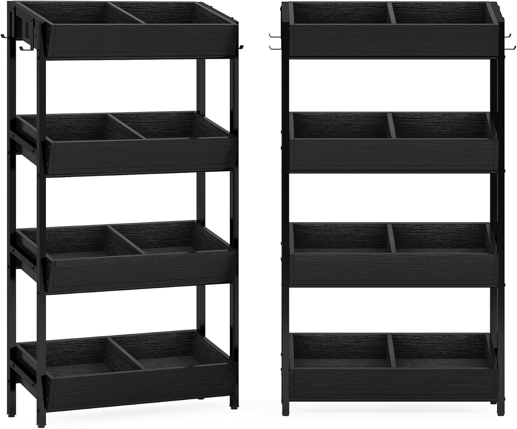 Tribesigns Wood Fruit and Vegetable Basket Stand Rack for Kitchen, Office, Store, Supremarket, Pantry Shelf Unit for Snacks, Cookies, Candies, 4-Tier Wooden Utility Storage Shelves (Black, 2PCS)