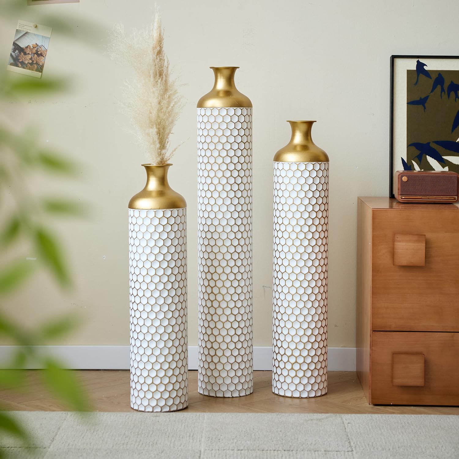Elegant 3-Piece Set Floor Metal Vase - Modern White & Gold Droplet Shaped Design for Stunning Home Décor - Large Glazed Metal Vases Perfect for Any Space
