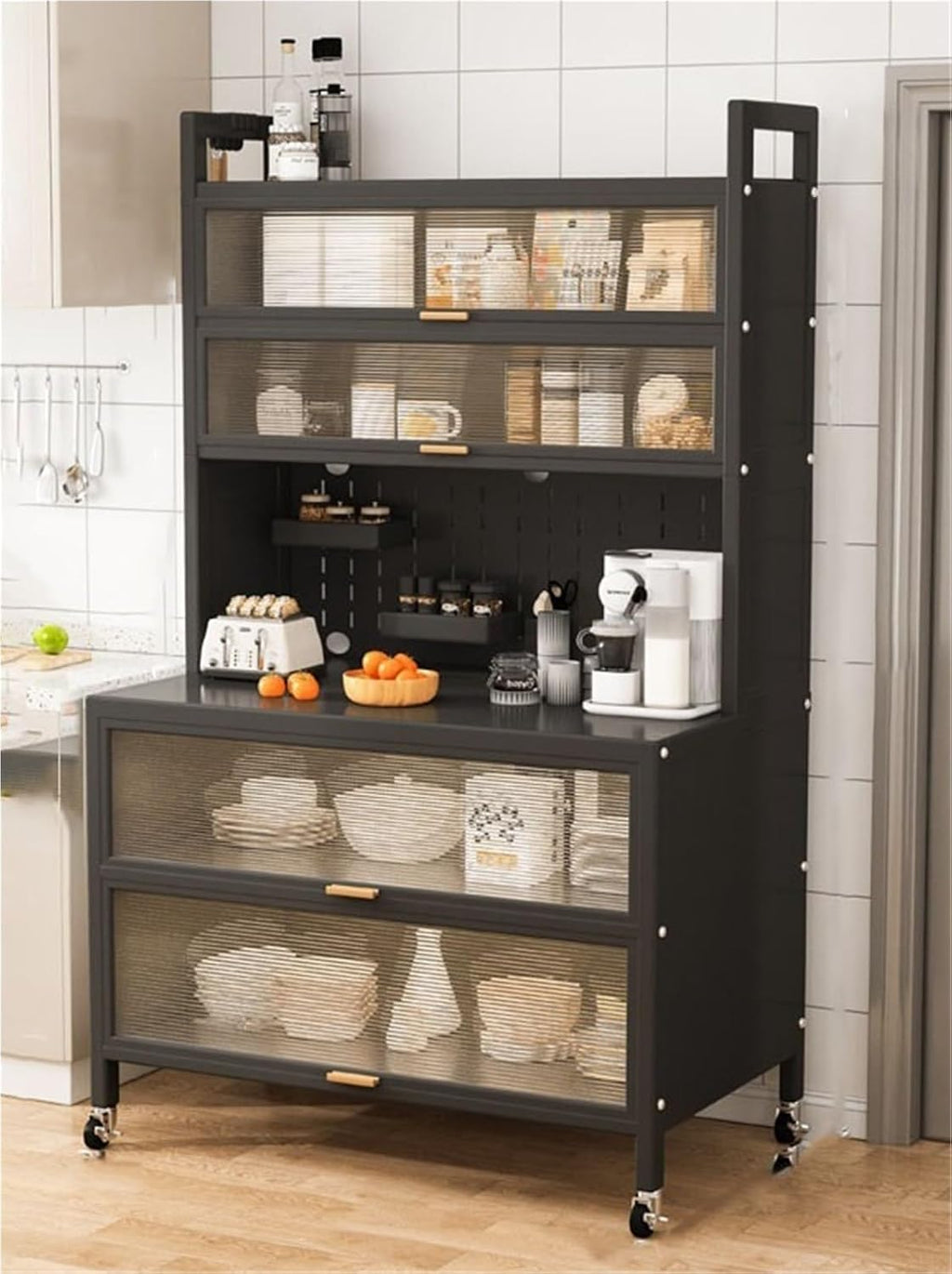 Kitchen Pantry Storage Cabinet Shelf Microwave 6-Tier Stand with Storage with Flip Door and Wheels Metal Sideboard Baker's Rack Coffee Pub for Spices Pots Pans ﻿(Black,80cm)